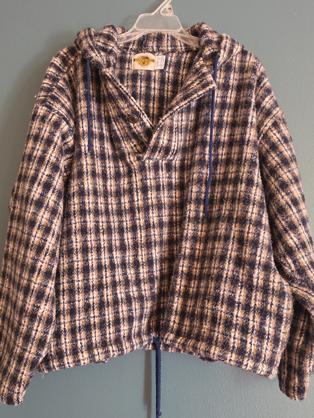 Mens Hooded Plaid Pullover Jacket - Blue & Cream